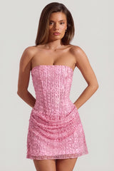 Embellished Draped Strapless A Line Mini Dress in Pink