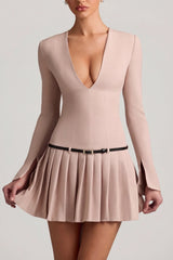 Long Sleeve Pleated Mini Dress in Mushroom