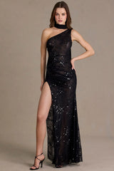 Sequin Lace Scarf Detail Maxi Dress in Black