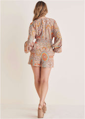 Linen Tie Waist Romper Medallion Golden Patchwork