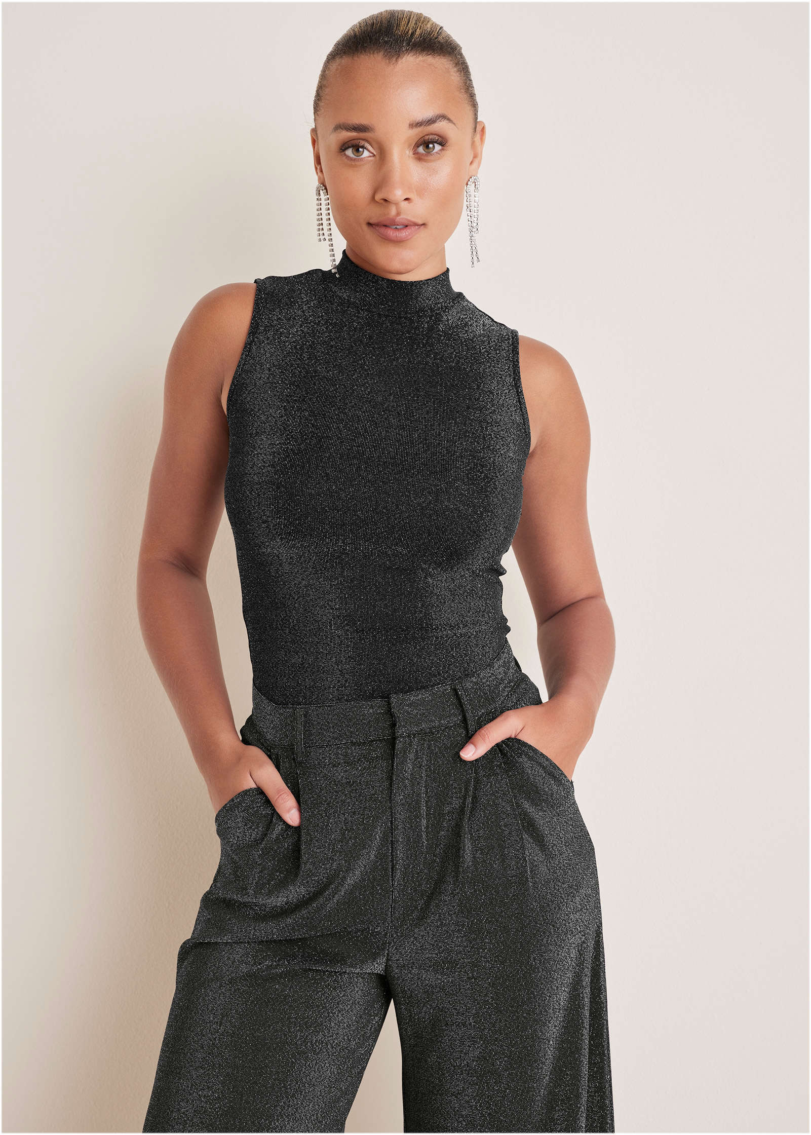 Glitter Knit Mock Neck Tank Jet Black Glitter Knit
