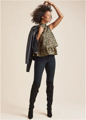 Tiered Hem Mock Neck Top Black Multi