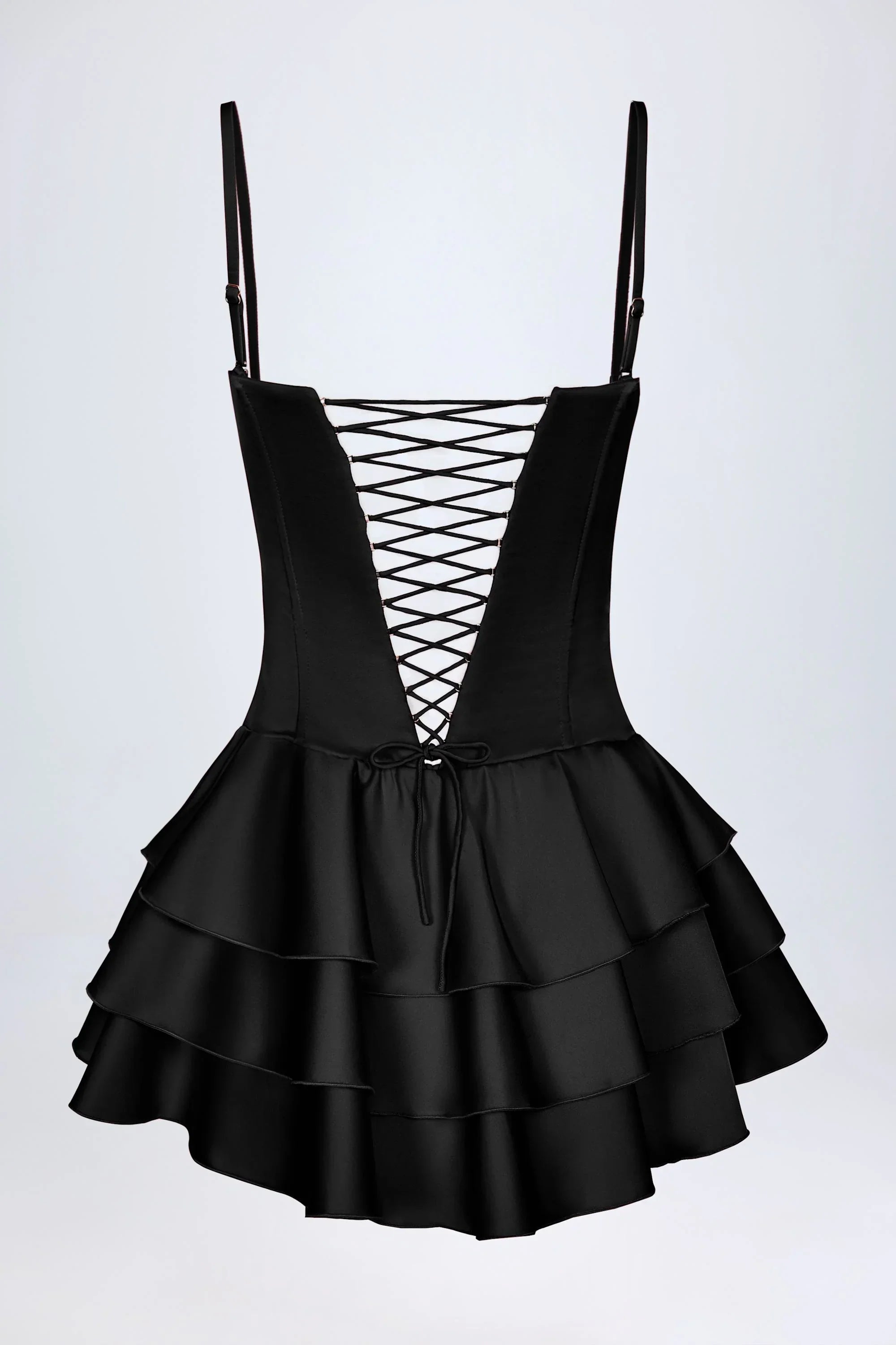 Ruffled Lace Up Corset Playsuit in Black