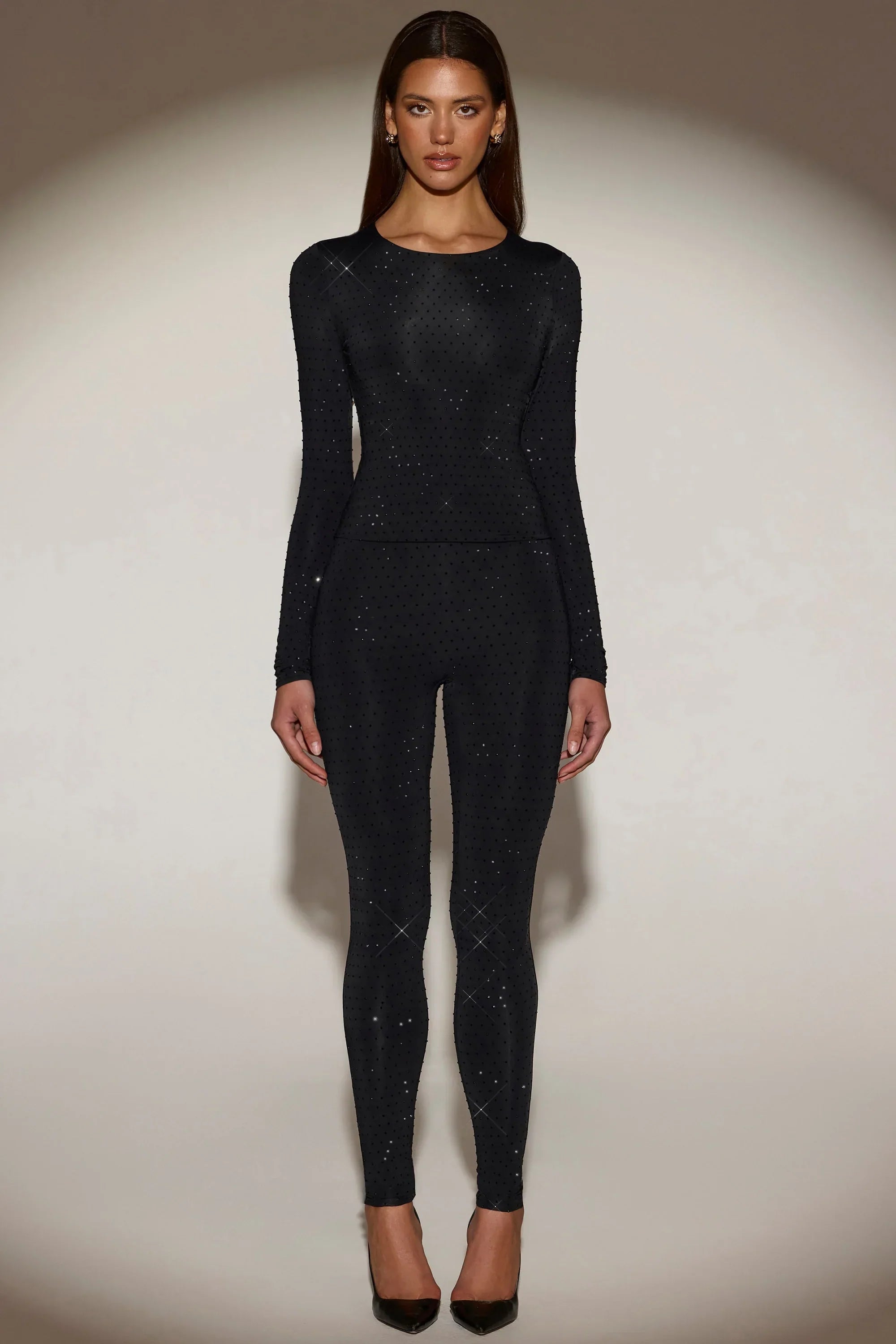 Embellished Crew Neck Long Sleeve Top in Black