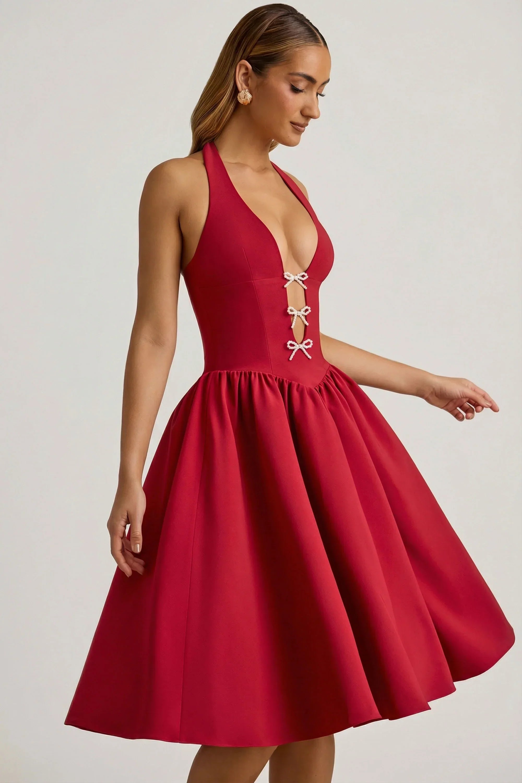 Halterneck Bow Detail Midi Dress in True Red