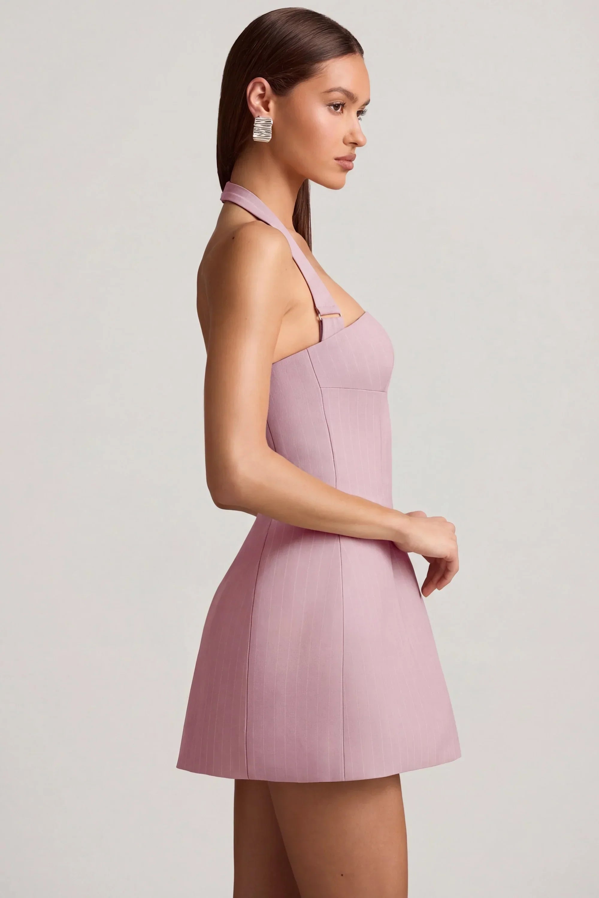 Pinstripe Halterneck Structured A Line Mini Dress in Mauve