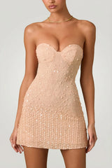 Embellished Sweetheart Neck A Line Mini Dress in Apricot