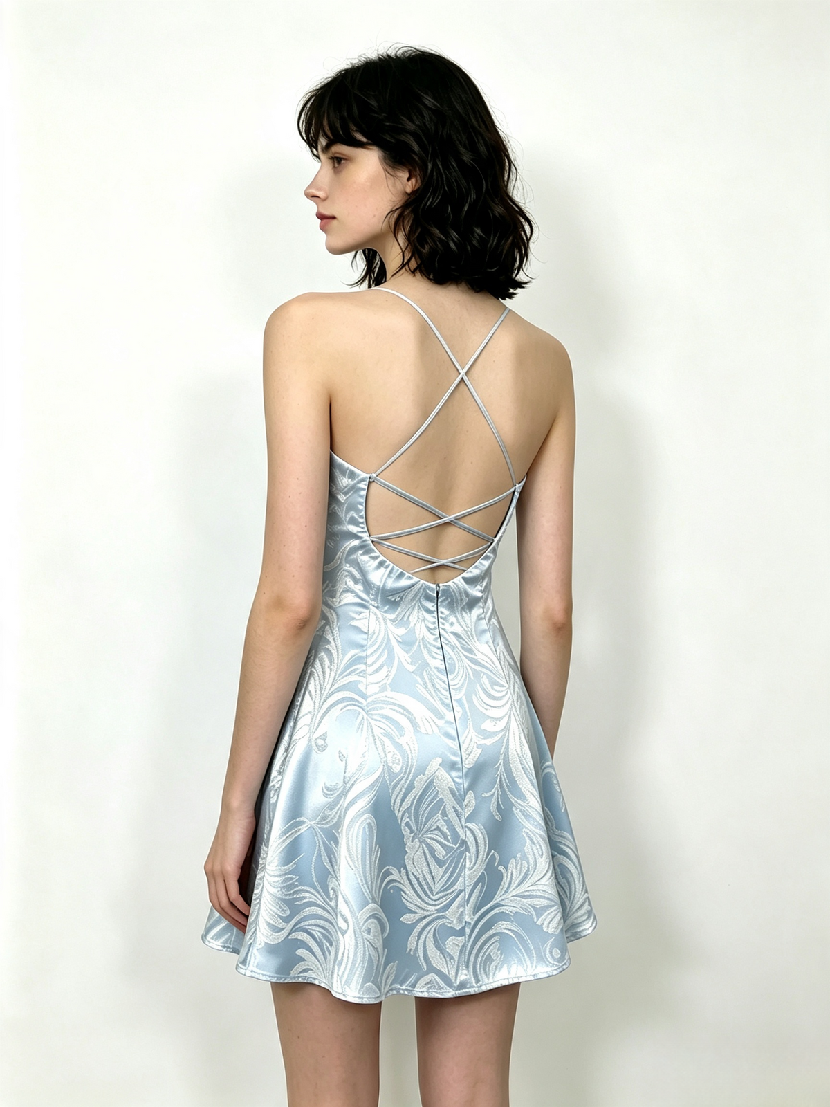 Light Blue Iridescent Sequin Halter Mini Dress