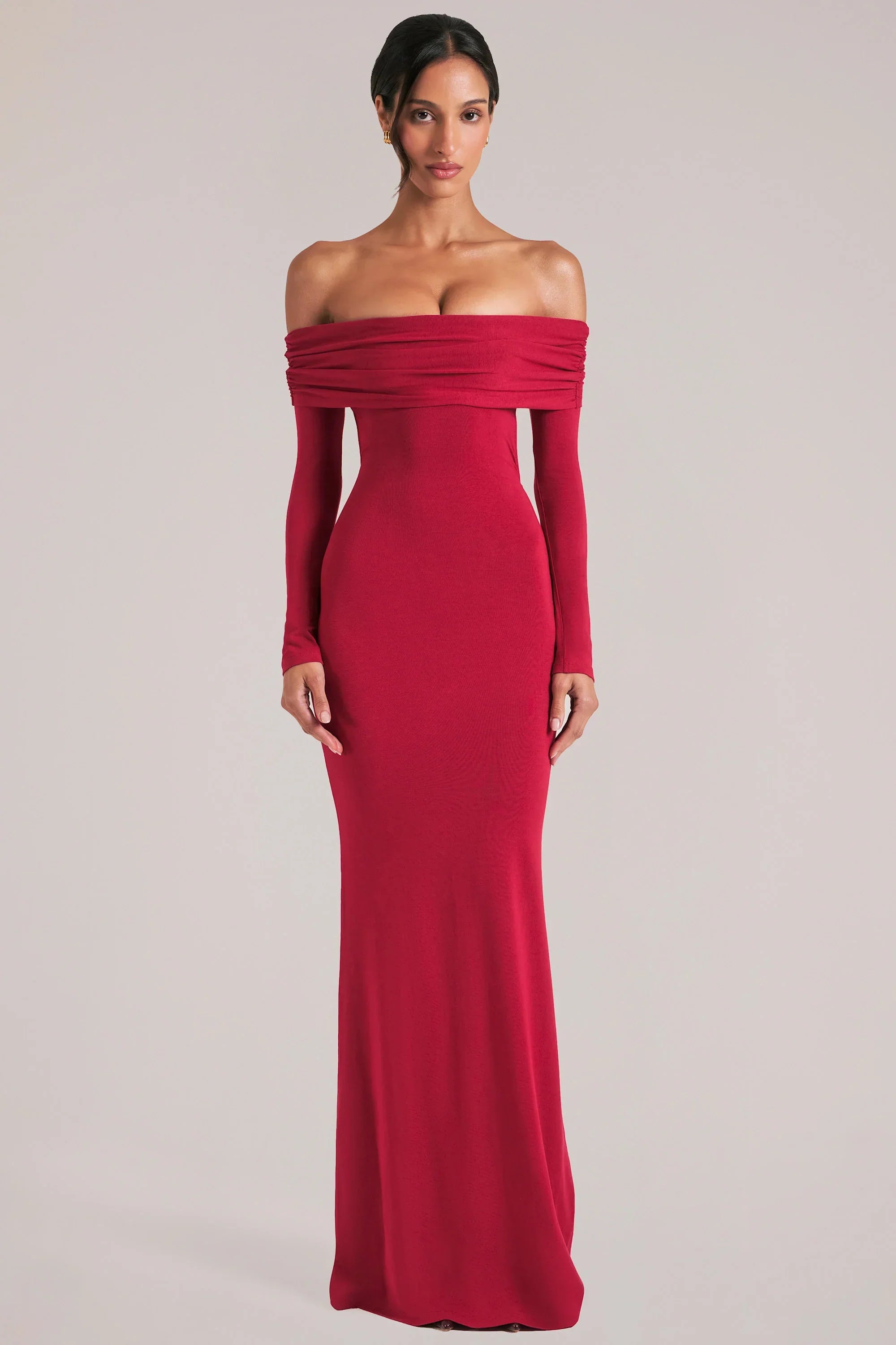 Off Shoulder Long Sleeve Maxi Dress in Cherry Red