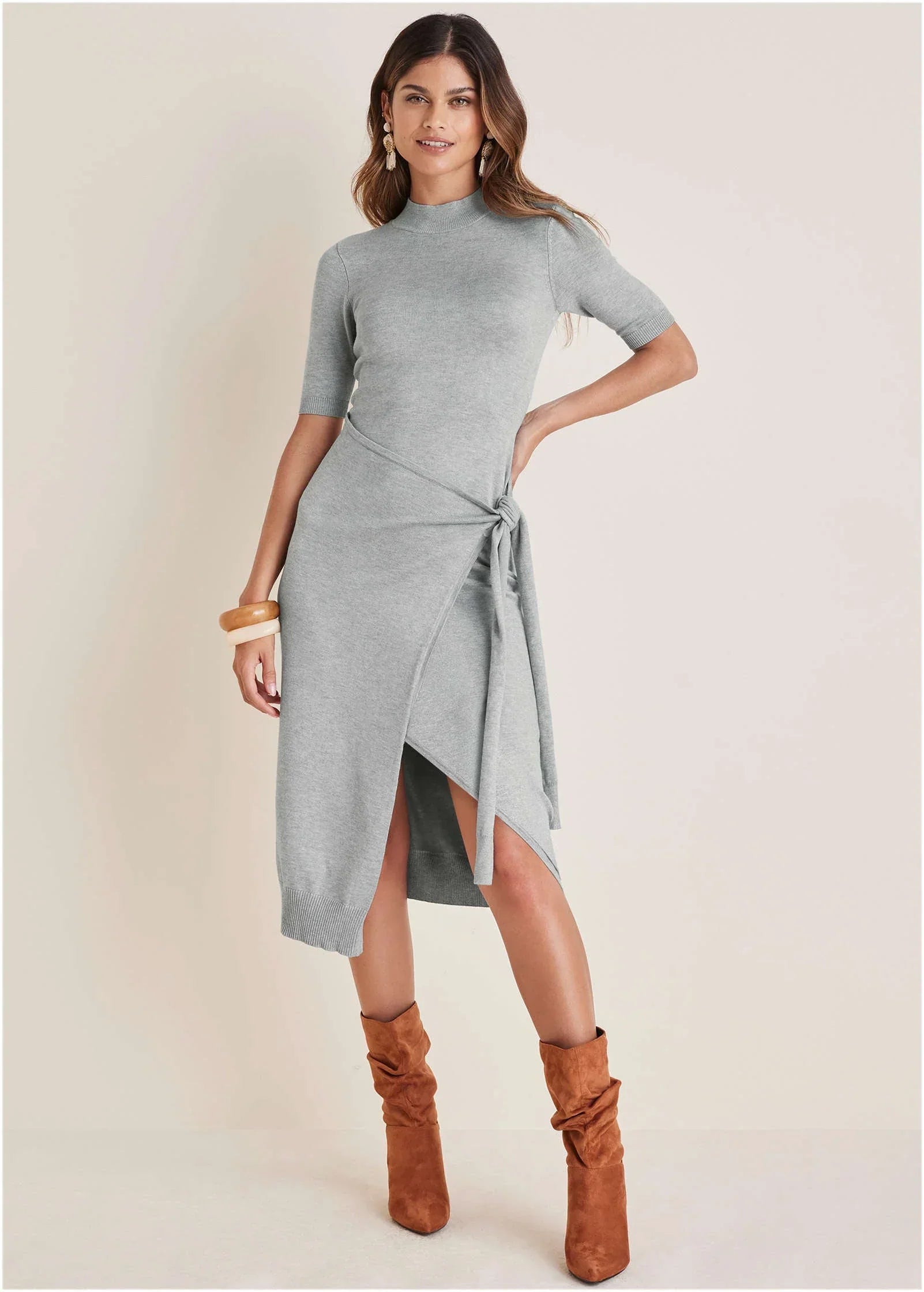 Tie Side Sweater Dress Light Heather Grey