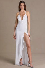 Chiffon Cowl Neck Open Back Gown in Snow