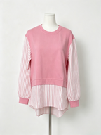 Pink Striped Fake Two-Piece Long Sleeve Top