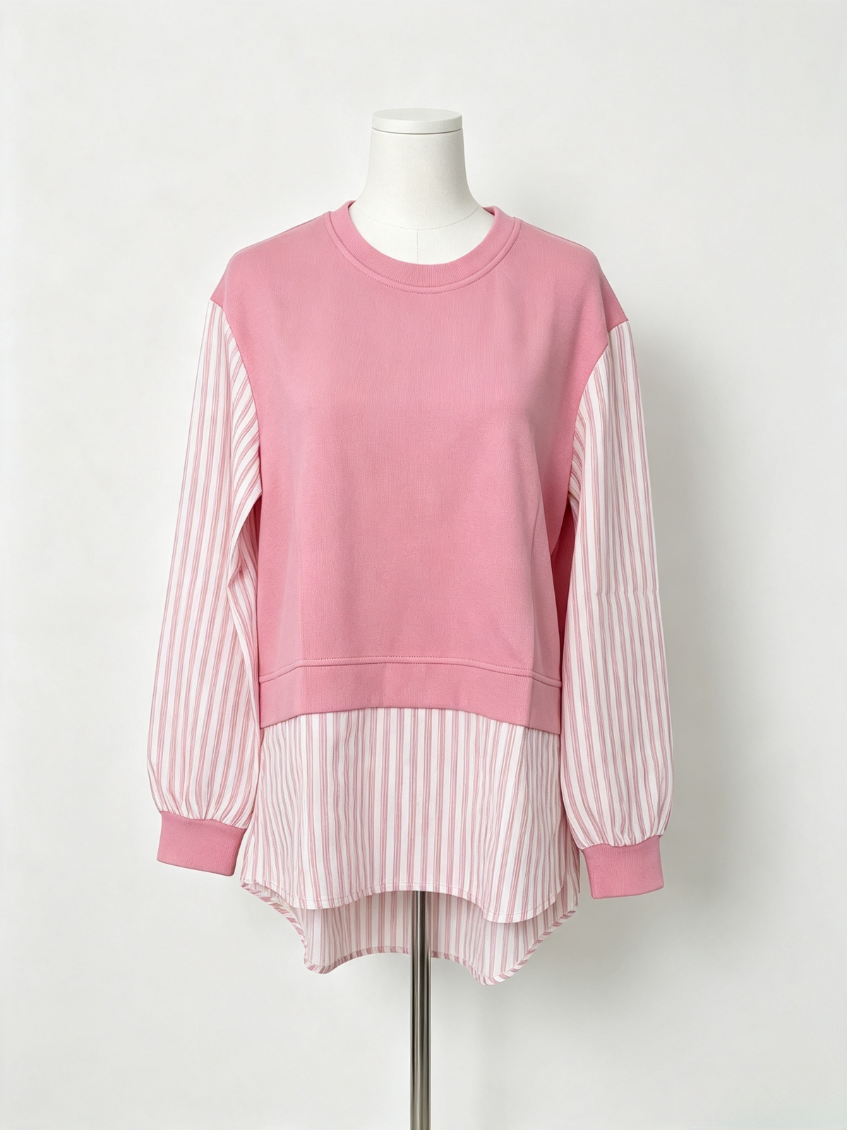 Pink Striped Fake Two-Piece Long Sleeve Top