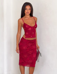 KIRRA BEADED SEQUIN LACE MIDI SKIRT RED