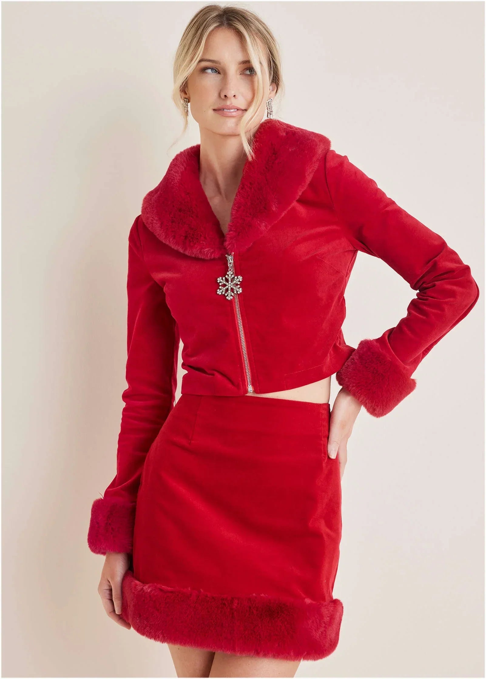 Faux Fur Trim Velvet Coat Haute Red