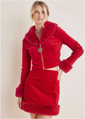 Faux Fur Trim Velvet Coat Haute Red