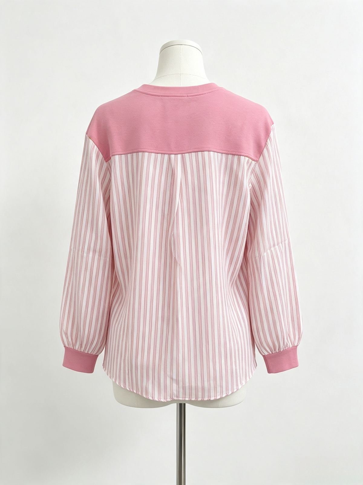 Pink Striped Fake Two-Piece Long Sleeve Top