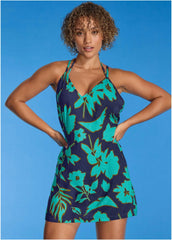 Low Back Cover Up Dress Blue Block Floral