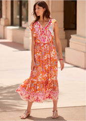 Flutter Sleeve Midi Dress Orange Multi