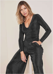 Glitter Knit V Neck Top Jet Black Glitter Knit