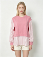 Pink Striped Fake Two-Piece Long Sleeve Top