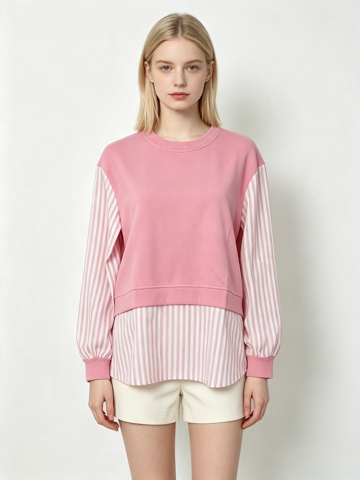 Pink Striped Fake Two-Piece Long Sleeve Top