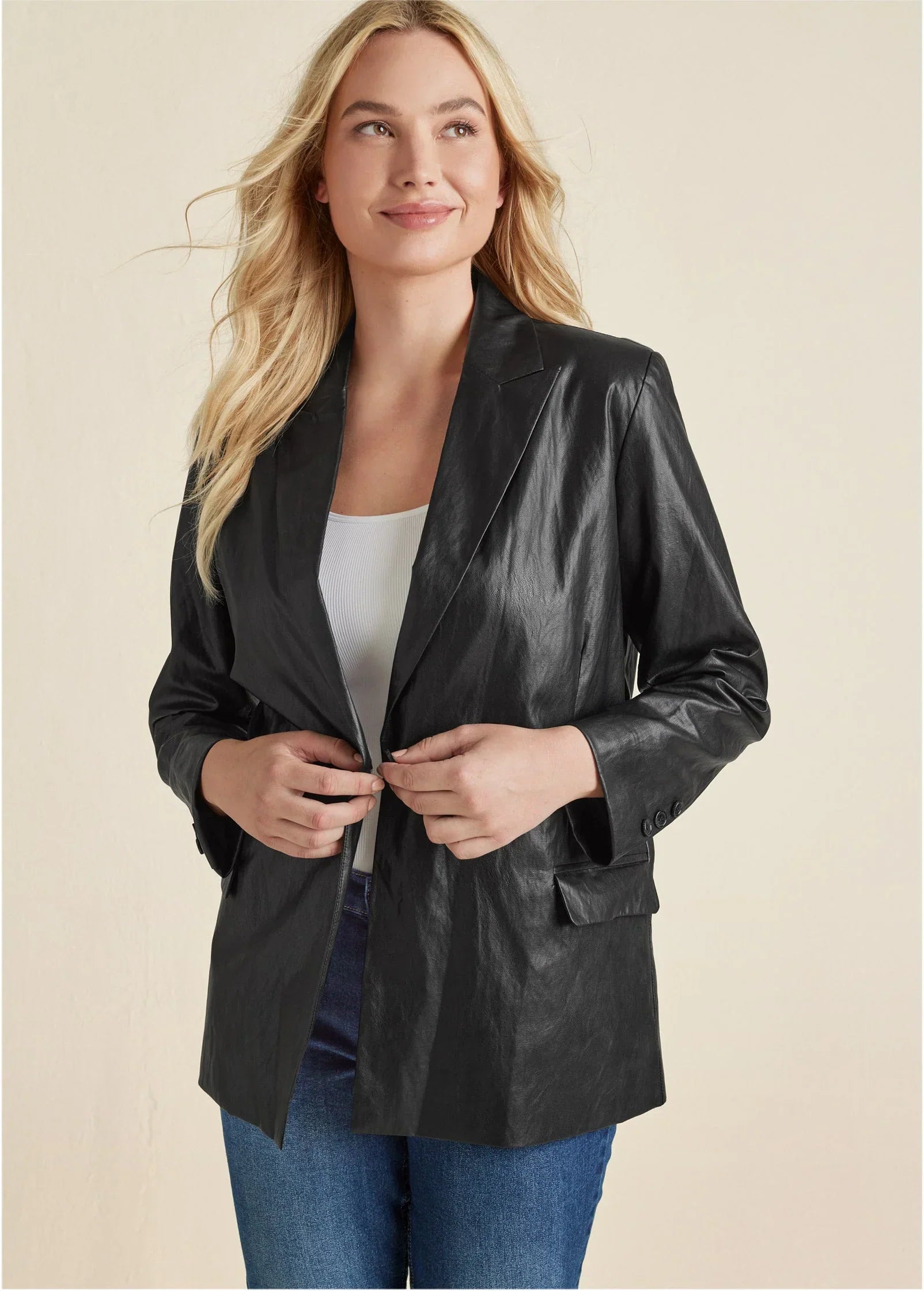 Faux Leather Blazer Jet Black