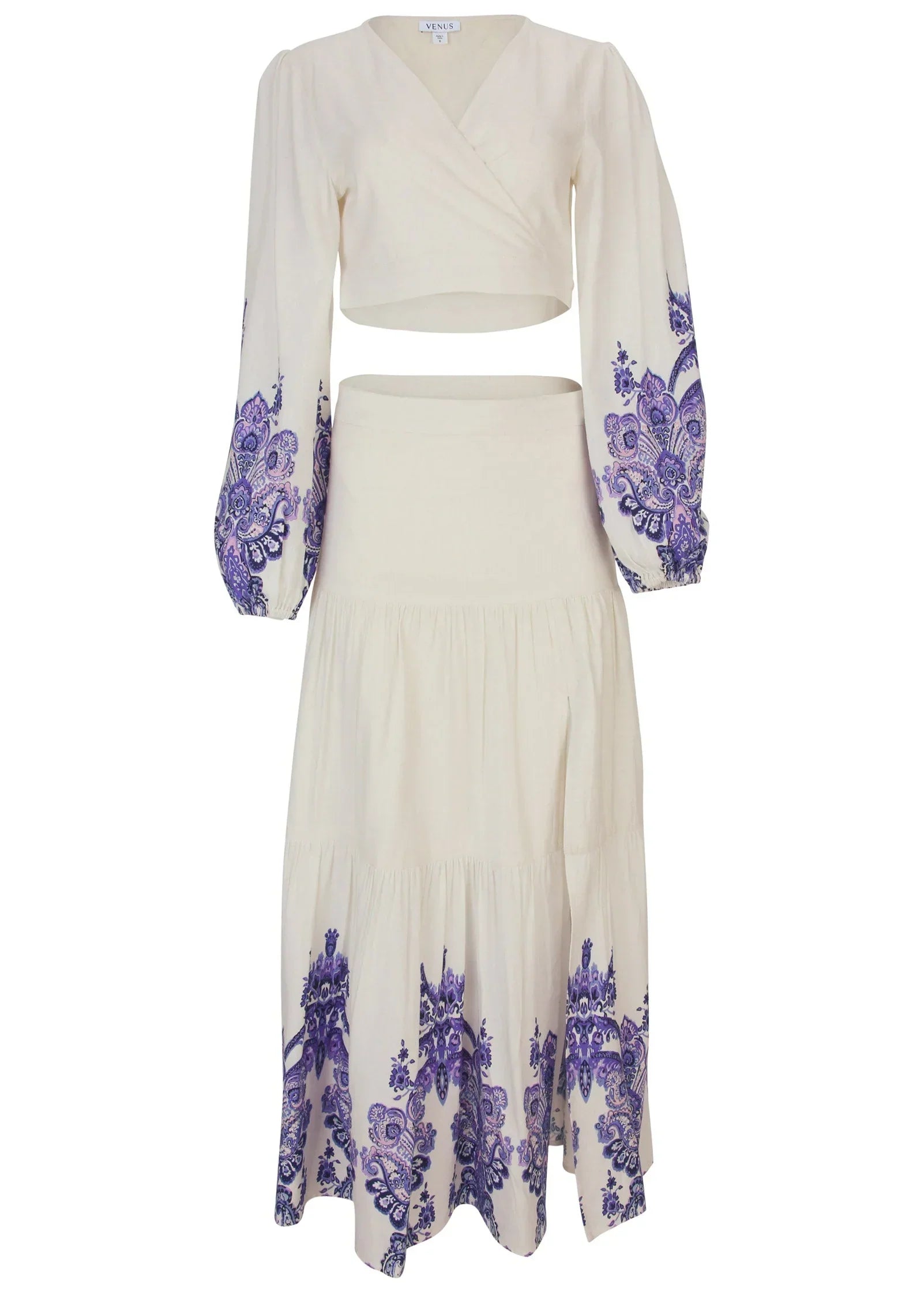 Printed Linen Two Piece Set Purple Paisley Border