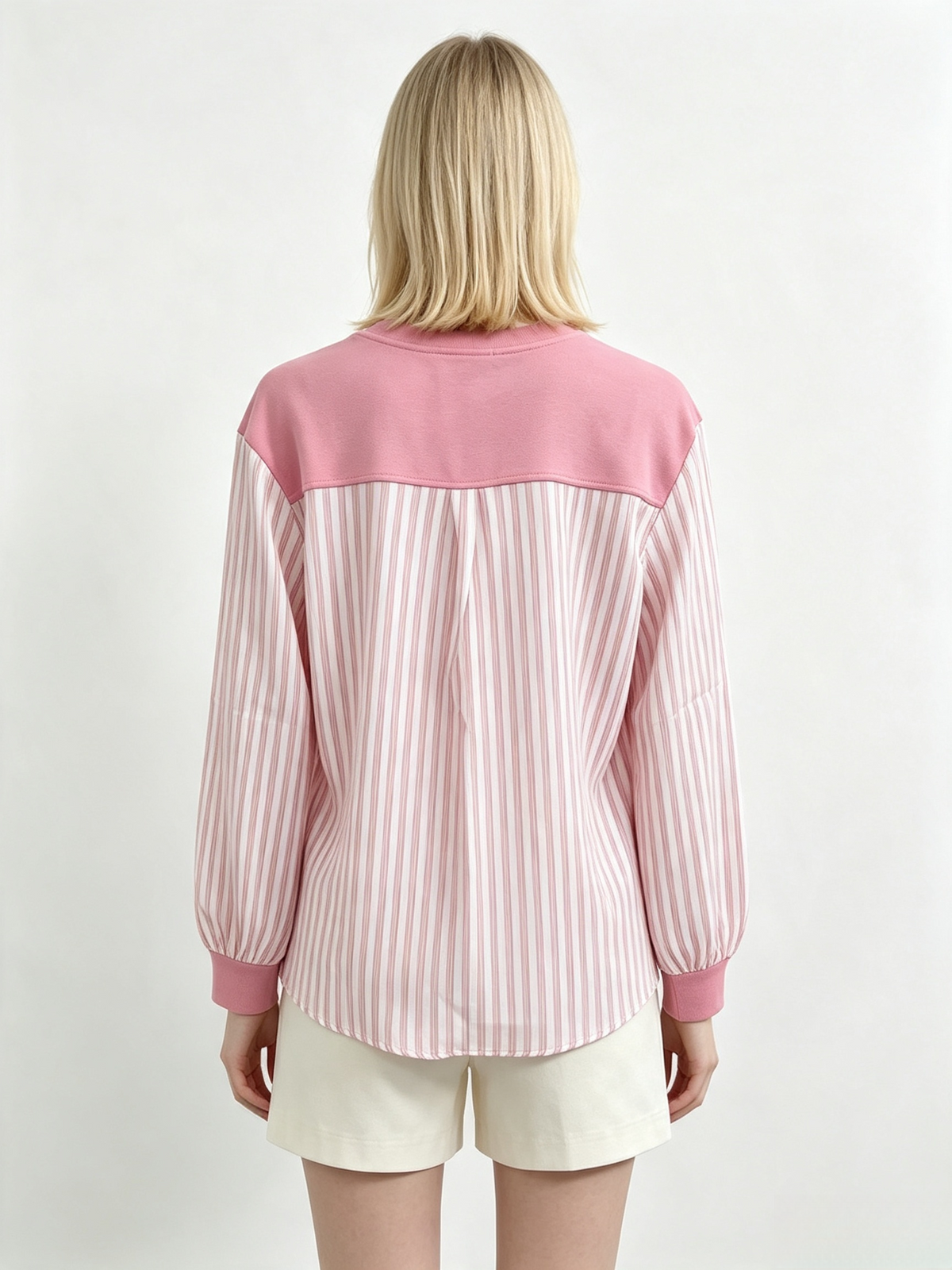 Pink Striped Fake Two-Piece Long Sleeve Top