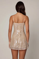 Embellished V neck Lace Mini Dress in Pale Peach
