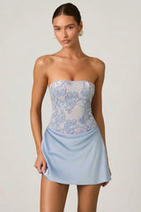Embellished Draped Strapless A Line Mini Dress in Sky Blue