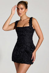 Floral Appliqué Square Neck Corset Mini Dress in Black