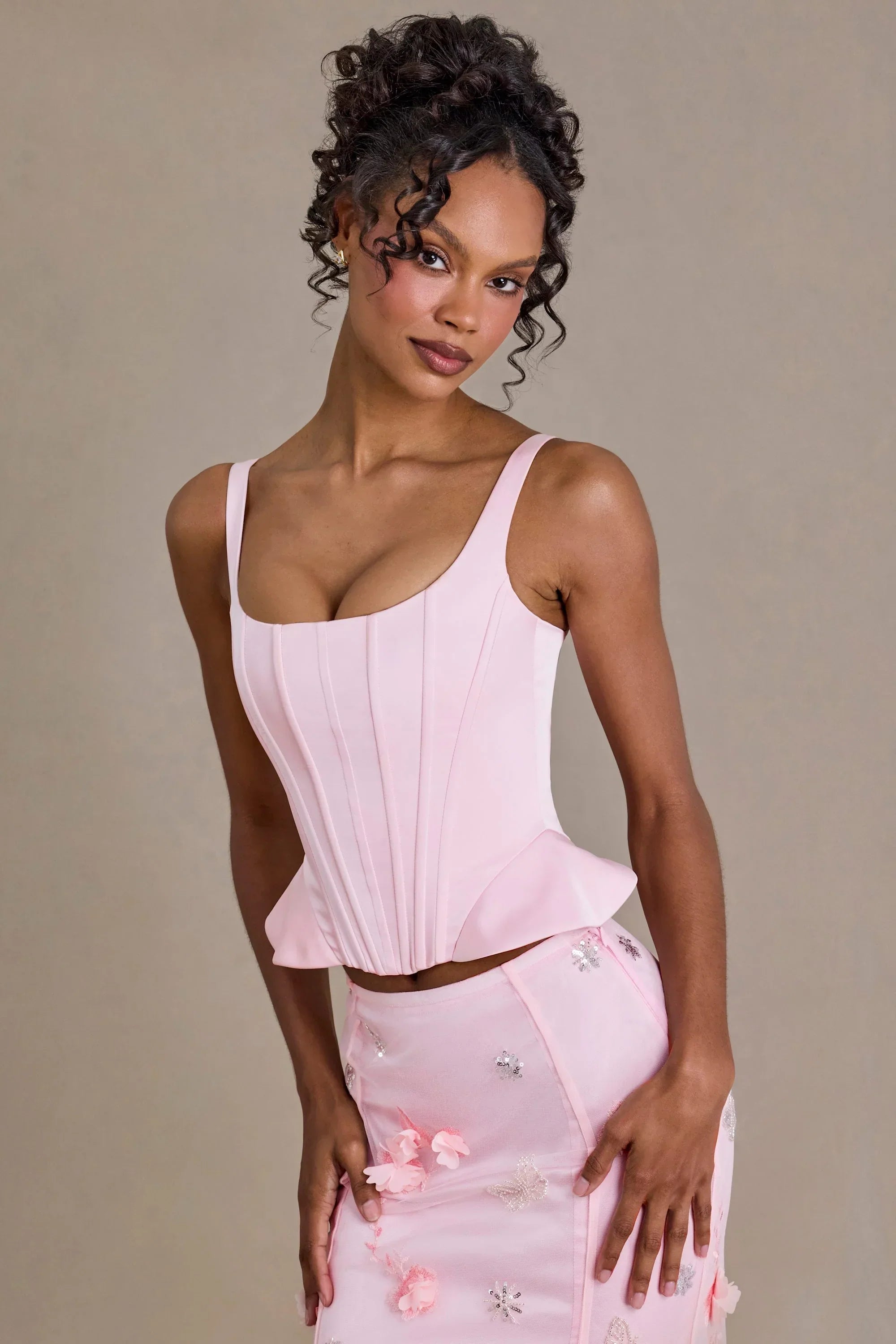 Satin Lace Up Corset Top in Baby Pink