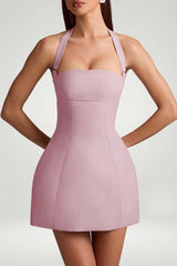 Pinstripe Halterneck Structured A Line Mini Dress in Mauve