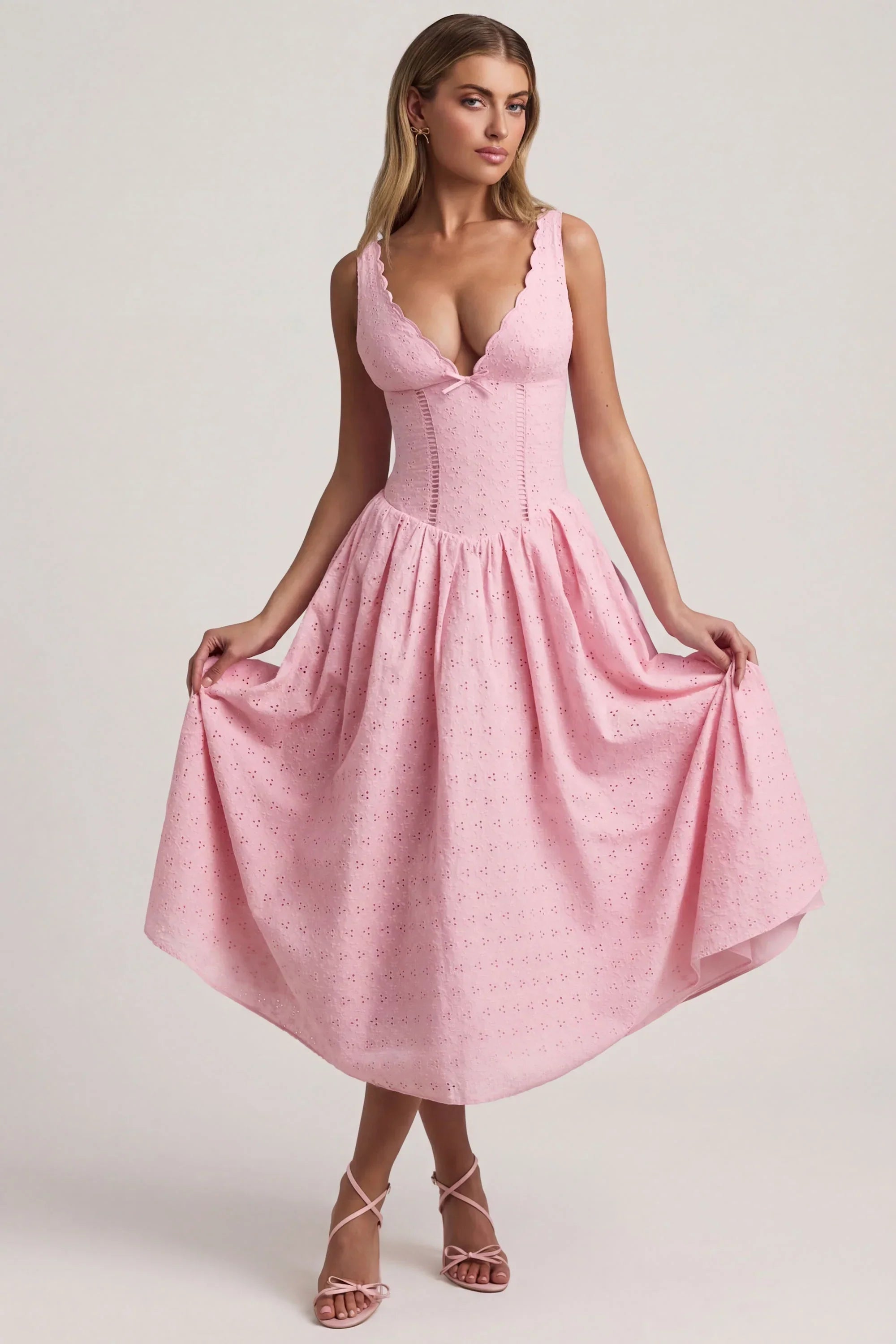 Broderie Anglaise Bow Detail A Line Midaxi Dress in Soft Pink