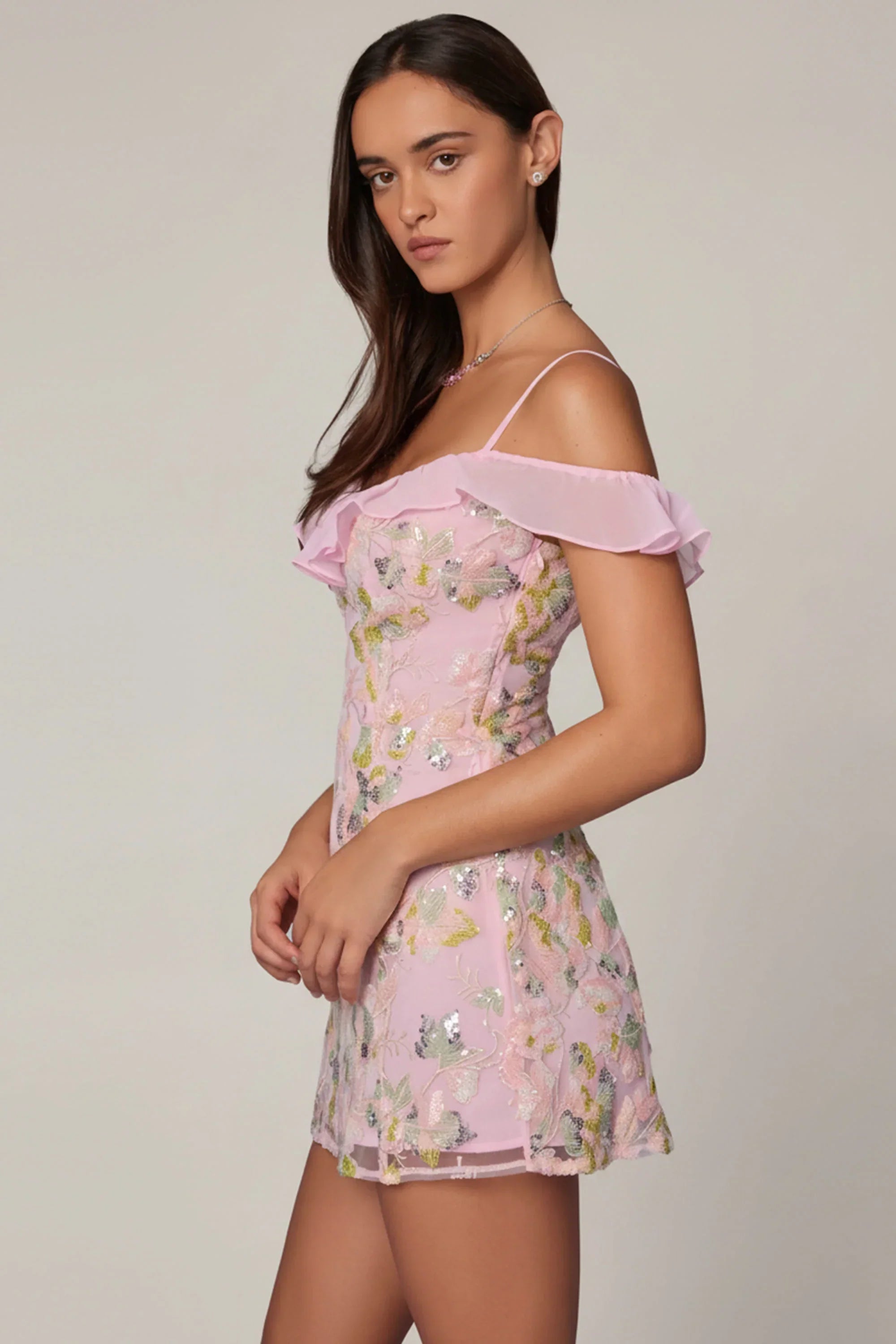 Embellished Lace Up A Line Mini Dress in Soft Pink