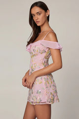Embellished Lace Up A Line Mini Dress in Soft Pink