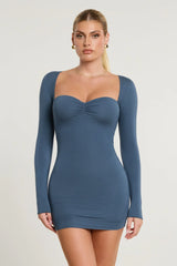 Long Sleeve Ruched Modal Cashmere Blend Mini Dress in French Navy