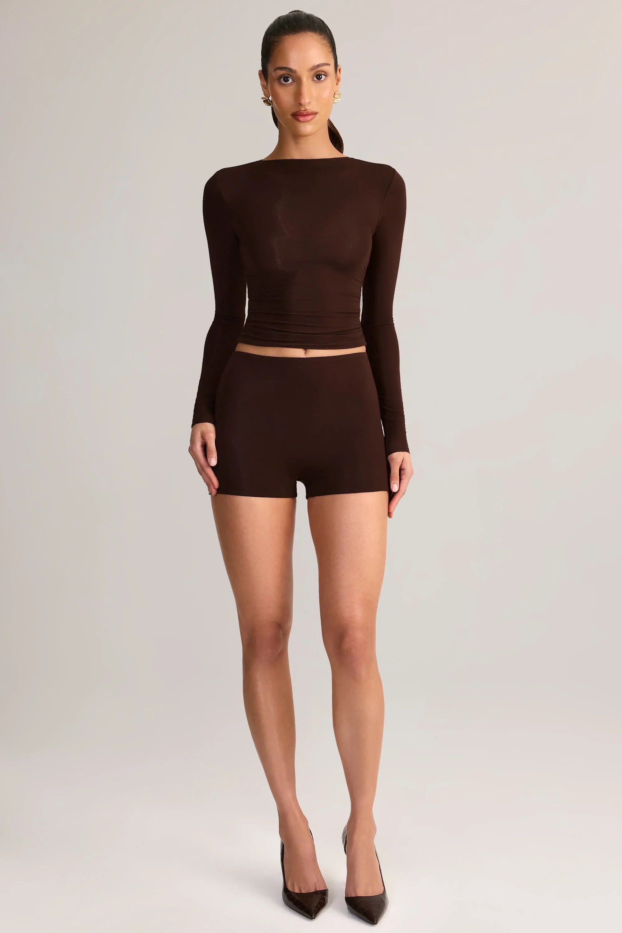 Modal High Rise Bodycon Mini Shorts in Chocolate Brown