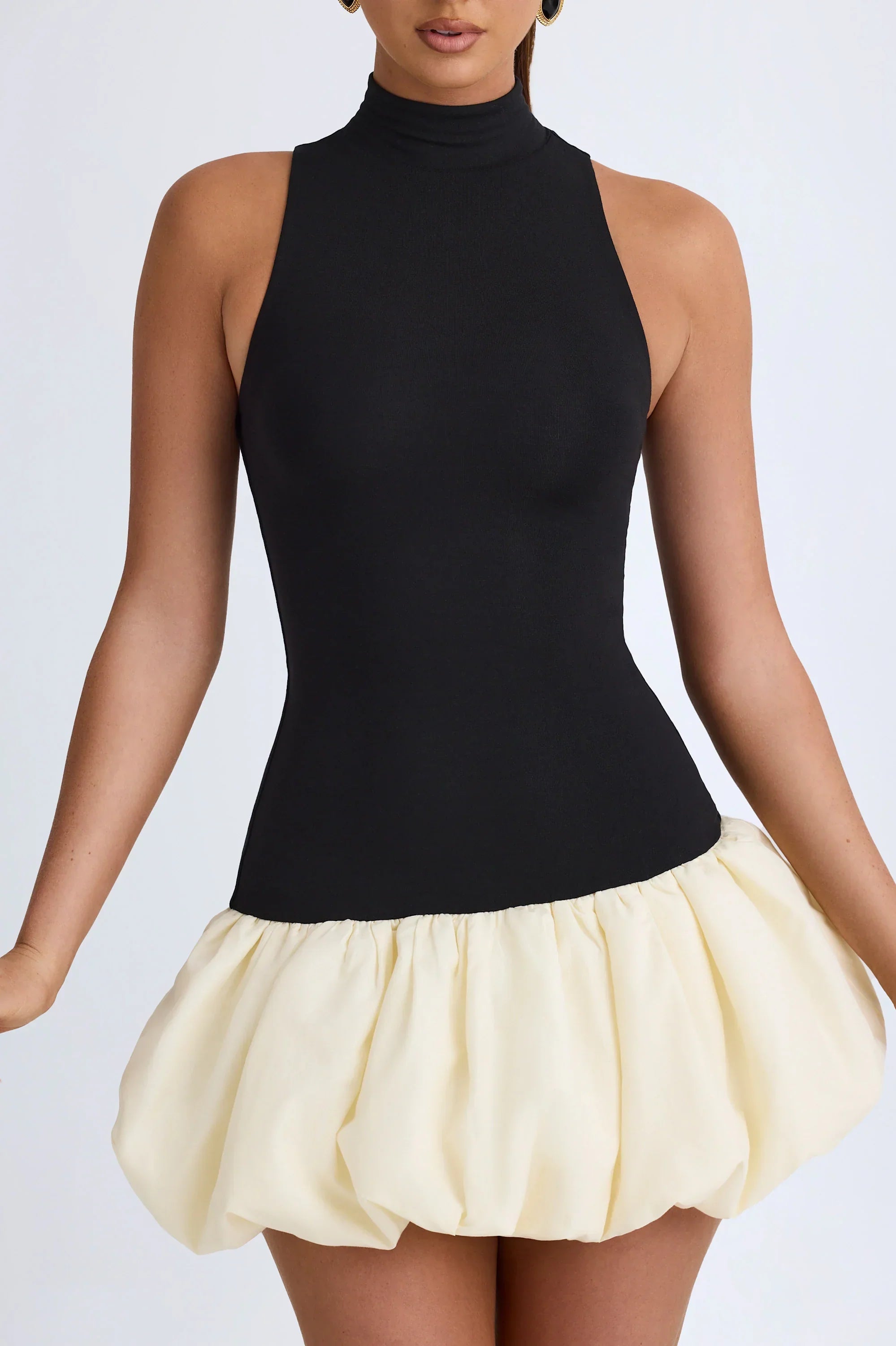 Modal Turtleneck Drop Waist Bubble Hem Mini Dress in Black