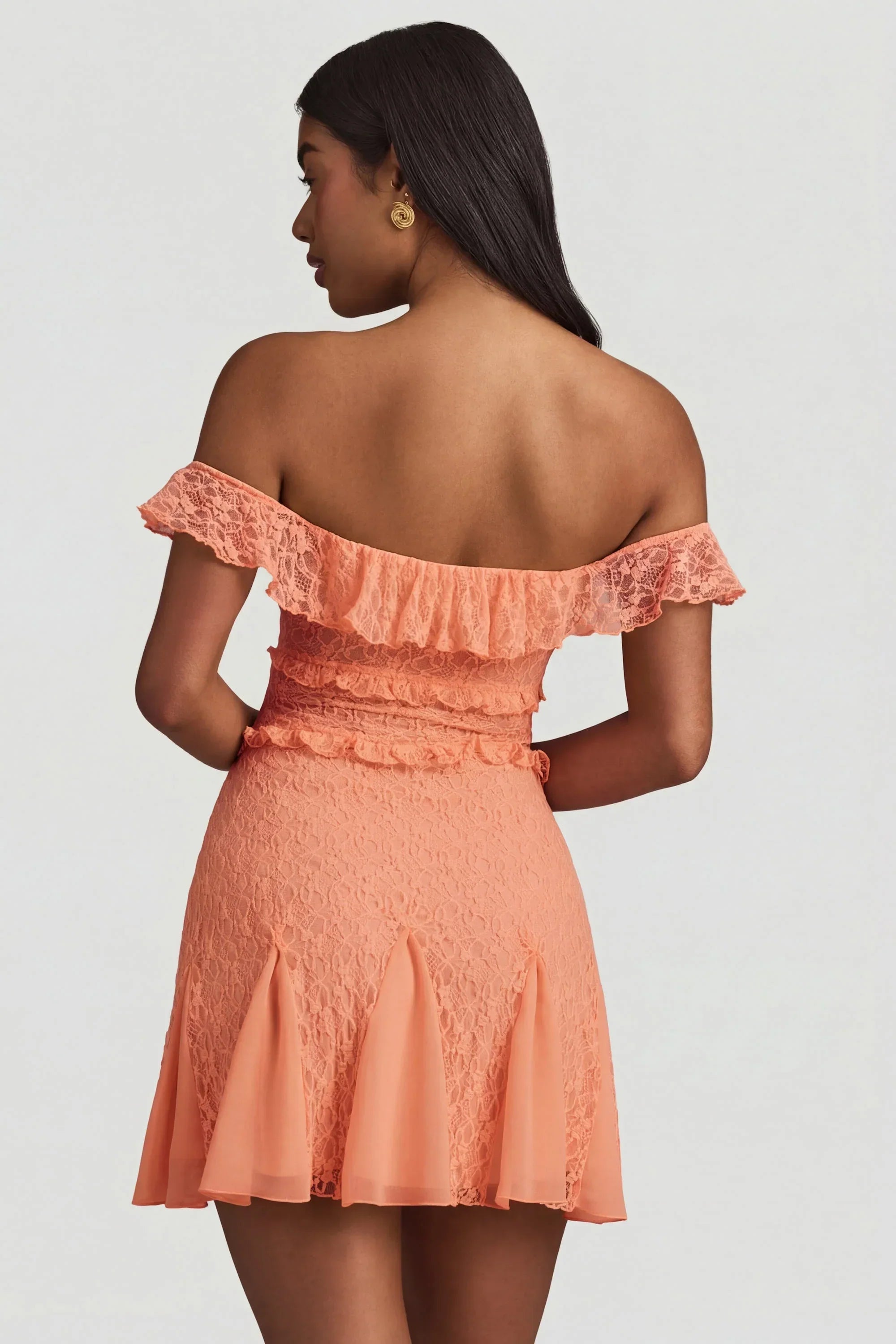 Off Shoulder Lace A Line Mini Dress in Peach