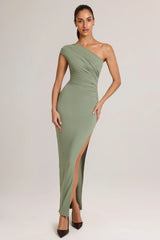 Modal Asymmetric Ruched Maxi Dress in Sage Green