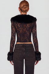 Sheer Lace Faux Fur Trim Cardigan in Black