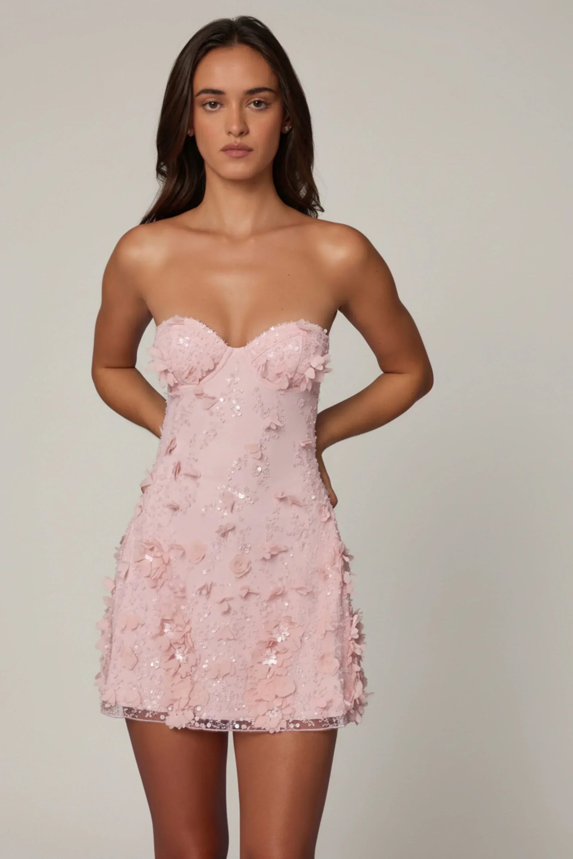 Embellished Bandeau A line Mini Dress in Ballet Pink