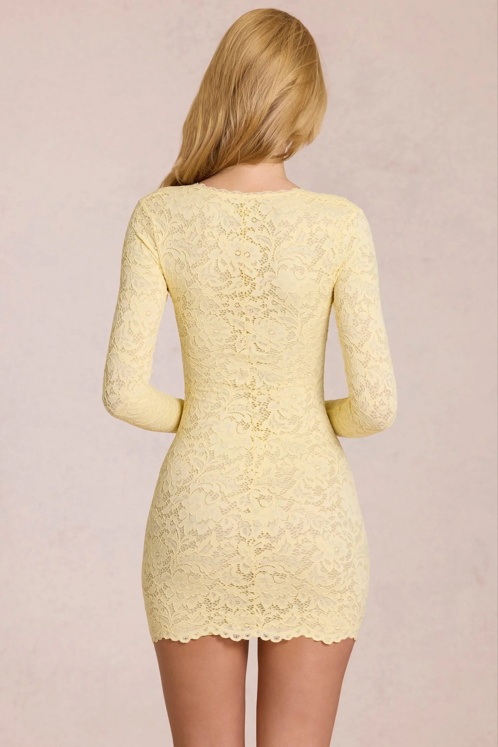 Scalloped Lace Long Sleeve Mini Dress in Lemon Yellow