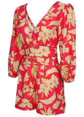 Linen Balloon Sleeve Romper Warm Block Floral