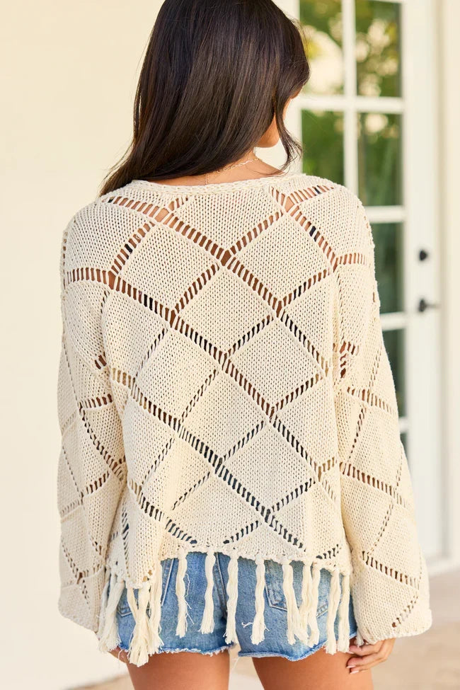 Fawna Taupe Fringe Crewneck Sweater