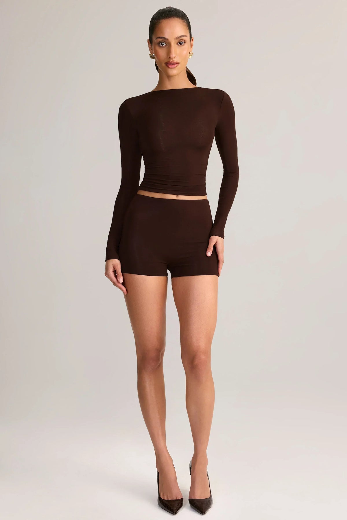 Modal High Rise Bodycon Mini Shorts in Chocolate Brown