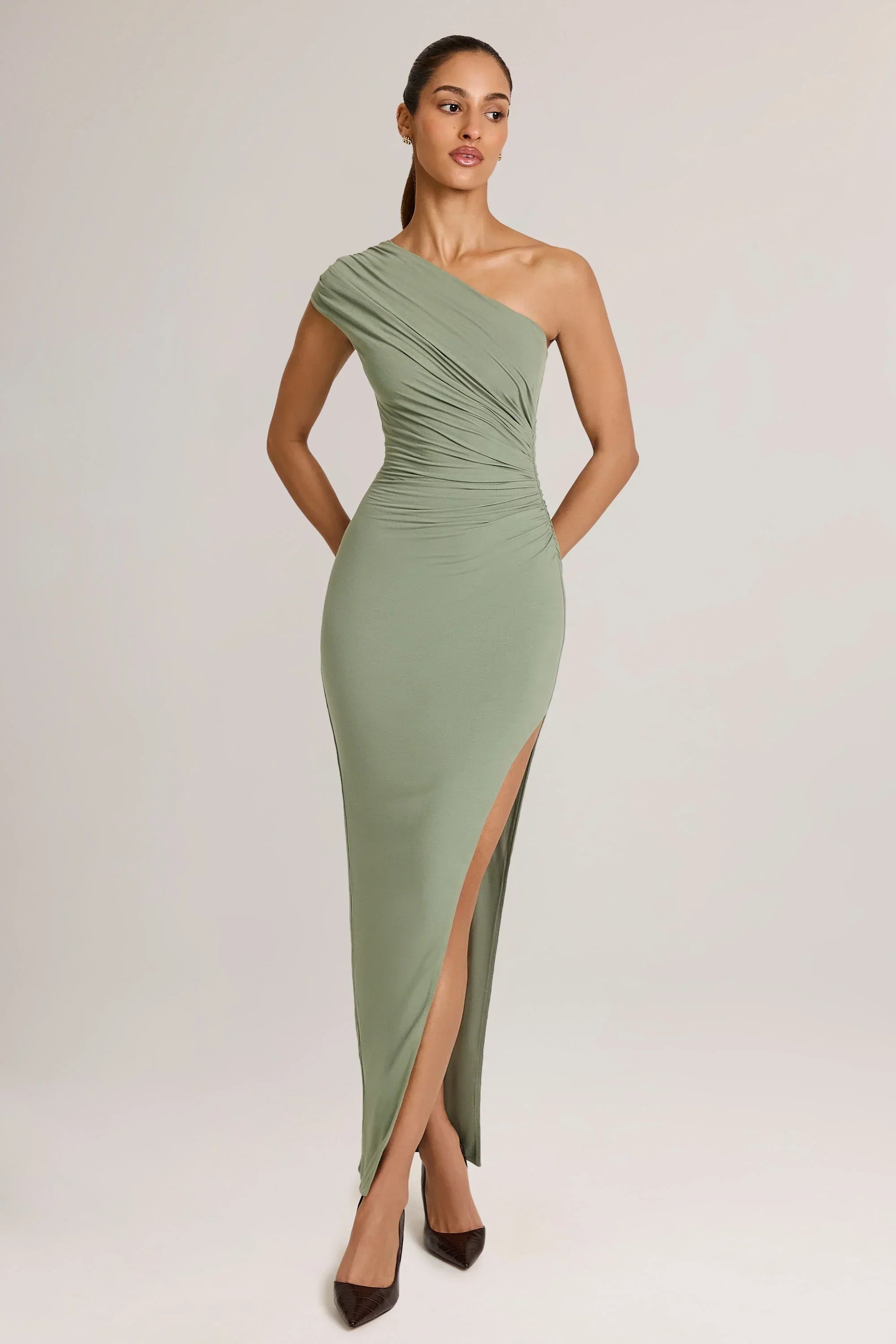 Modal Asymmetric Ruched Maxi Dress in Sage Green