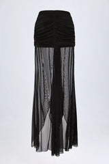 Ruched Hardware Detail Fishtail Maxi Skirt in Black